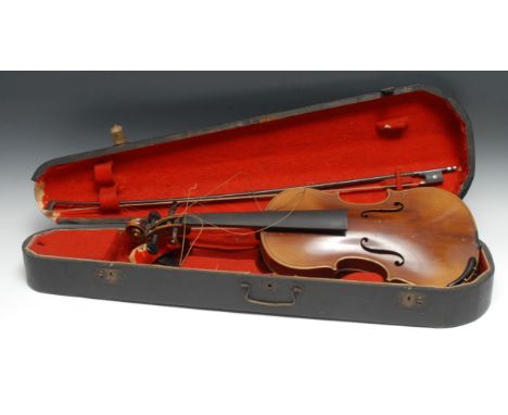 A violin, the one-piece back 35.75cm excluding button, outlined throughout with purfling, 60cm long overall, cased, the bow a