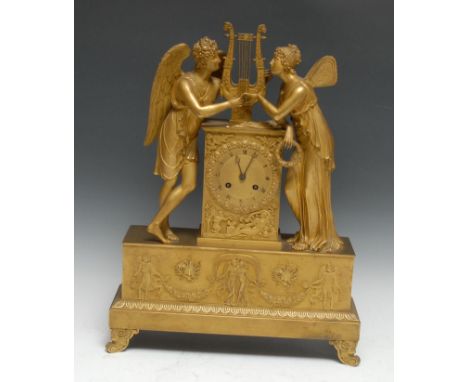 A French Empire ormolu mantel clock, 10cm chapter engine-turned and inscribed with Roman numerals, twin-winding hole, 8-day m