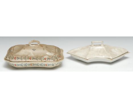 A Mansfield decorated Derby shaped rectangular  tureen and cover, decorated with a band of stylised foliage and scattered lea