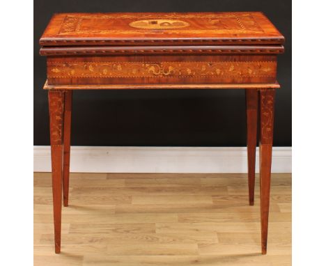 A 19th century Irish Killarney marquetry and yew room centre tea or silver table, hinged rectangular top inlaid with an oval 