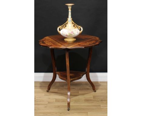 A Victorian rosewood and marquetry serpentine triform occasional table, the top and fall leaves inlaid with leafy scrolls and