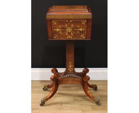 A Regency rosewood and brass marquetry teapoy, hinged sarcophagus caddy inlaid with stylised leaves and bell husks, oak leave