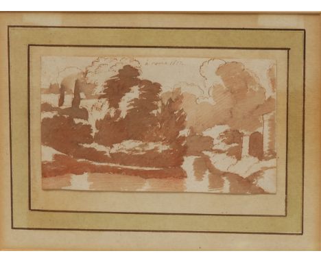 Italian Old Master School (17th century)Landscape, A' Romainscribed and dated 1677, drawing in brown ink, red chalk and wash,