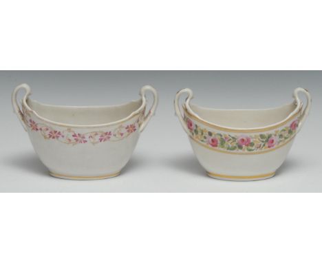 A Pinxton boat-shaped sucrier, painted with pink roses, green leaves and gilt foliage, gilt line borders, 12.5cm high, 19cm w