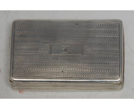 A George IV silver rectangular snuff box, engine turned overall, hinged cover centred by a rectangular cartouche, 6.5cm wide,