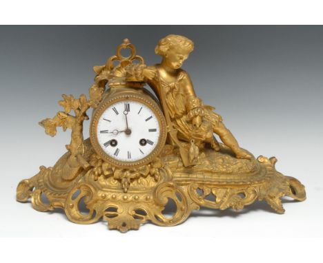 A 19th century French ormolu mantel clock, 8cm enamel dial inscribed with Roman numerals, twin winding holes, eight-day movem