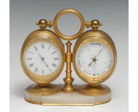 A fine country house desk or mantle ormolu and onyx time piece barometer, the 5.5cm circular enamel dials set oval with chase