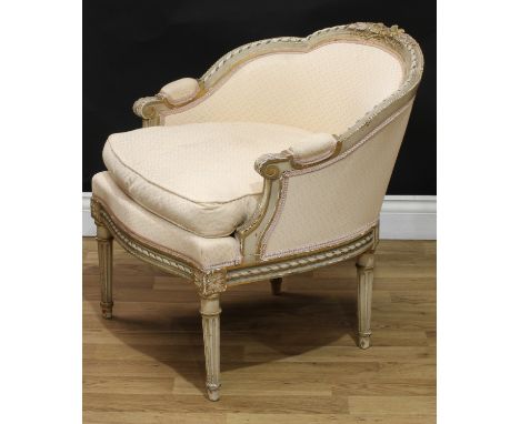A Louis XVI Revival painted and parcel-gilt boudoir chair, curved trefid back with beaded border centred by a ribbon-tied spr