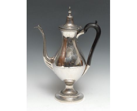 A Portuguese silver half-fluted baluster coffee pot, lofty bell shaped cover with knop finial, bright-cut engraved and outlin