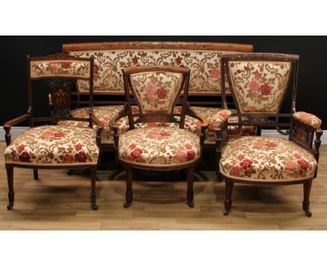 A late Victorian rosewood and marquetry four-piece drawing room suite, comprising a sofa, 85.5cm high, 156cm wide, the seat 1