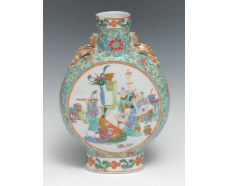 A Chinese moon flask, painted in polychrome enamels with court musicians, to verso with exotic birds and butterflies, the sid