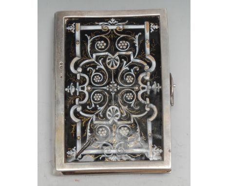 A Victorian silver and enamel rectangular carte de visite album, the cover decorated en-grisaille in the Renaissance Revival 