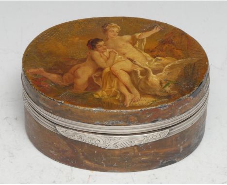 An 18th century vernis martin oval snuff box, the hinged cover painted with Leda and the Swan, silver coloured metal mount, t