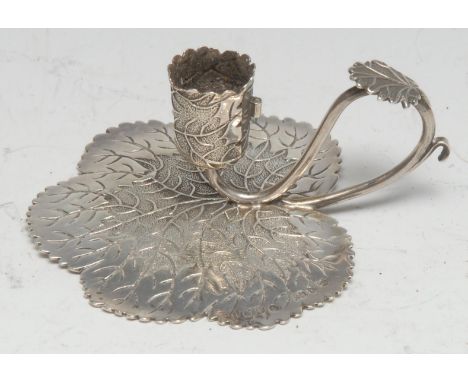 A George IV silver novelty miniature chamber stick, as a leaf, 8cm long, Joseph Willmore, Birmingham 1829 