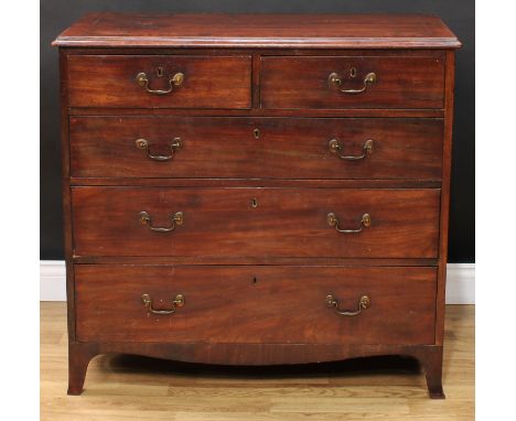 A George III mahogany chest, rectangular top with moulded edge above two short and three long graduated drawers, swan neck ha