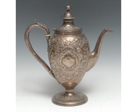 A George III Chinoiserie silver ovoid coffee pot, chased with traditional Chinese figures taking tea, the verso flanked by at