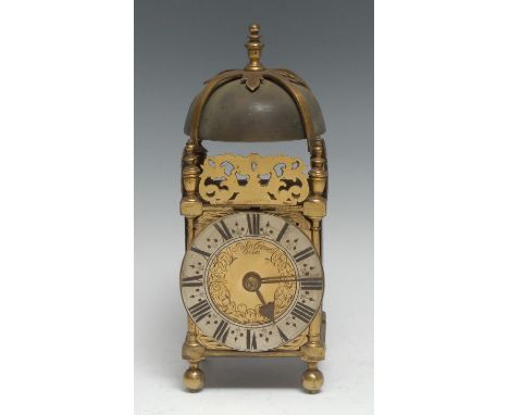 A 19th century brass lantern clock, of small proportions  and 17th century design, 8.5cm dial inscribed John Goweth, Oxon, si