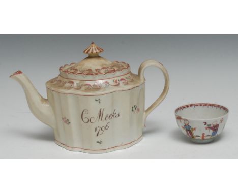 A Newhall commode shaped teapot and cover,  decorated with the Famille Rose palette with floral sprigs, banded with scrolling