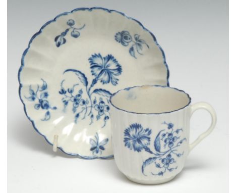 A Worcester Gilliflower pattern fluted coffee cup and saucer, crescent mark,  c. 1770 -80 