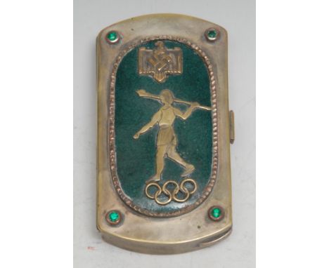 Berlin Olympics 1936 - a Nazi German Third Reich souvenir snuff box, decorated with Reichsadler, Swastika and rings, the hing