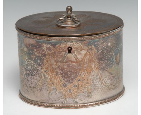 A George III Old Sheffield Plate oval tea caddy, engraved with a vacant shield shaped cartouche, ribbon-tied swags and acanth