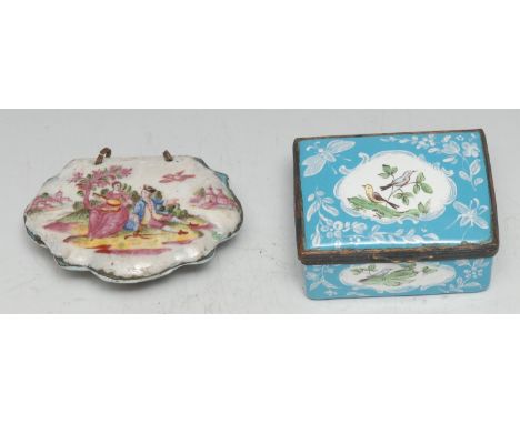 An 18th century enamel rectangular snuff box, the hinged cover painted with colourful songbirds within a C-scroll reserve, on