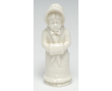 A rare Royal Worcester candlesnuffer,  of Girl with Muff, 9.5cm high, brown mark, date code for 1892,  registration mark 