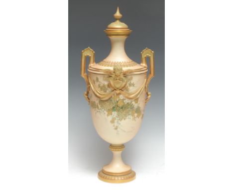 A large Royal Worcester pedestal ovoid two handled vase, decorated in gilt with chrysanthemums and daisies, on a blush ivory 