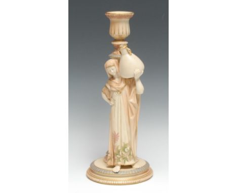 A Royal Worcester figural table lamp, made for Clarke's Cricklite Lamps, she stands wearing flowing robes holding an amphora,