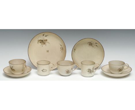 A Pinxton Bute teacup, coffee can and saucer, pattern no.12, decorated with monochrome roses and sprigs, brown line border, c