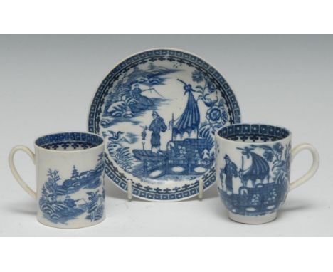 A Caughley Cormorant pattern coffee cup and saucer, printed in underglazed blue, cell border, S mark, c.1780;  a similar coff