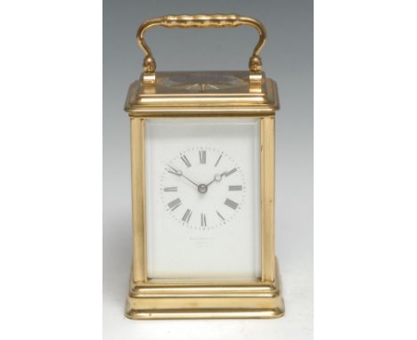 A late 19th century lacquered brass repeater carriage clock, 6cm rectangular enamel dial inscribed Fabque de Paris Geo. Black