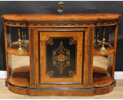 A Victorian walnut, ebonised and marquetry break-centre credenza, slightly oversailing top above a rectangular panel door inl