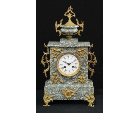 A late 19th century French gilt metal mounted marble mantel clock, 9.5cm circular enamel dial inscribed Richard, Roman numera