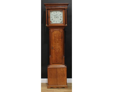 A George III mahogany crossbanded oak longcase clock, 31cm enamel dial inscribed W Whichcord, Ingatestone, Roman numerals, 8 