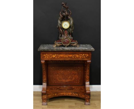 A 19th century Dutch mahogany and marquetry pier table, rectangular grey marble top, the rear panel and incurve undertier inl