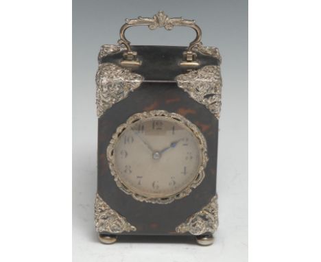 A Victorian silver mounted tortoiseshell carriage clock, 5.5cm silvered dial inscribed with Arabic numerals, eight-day moveme