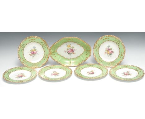 A Royal Crown Derby set of six circular plates, painted by R. Barratt, signed, with summer flowers, within gilt flowers on an