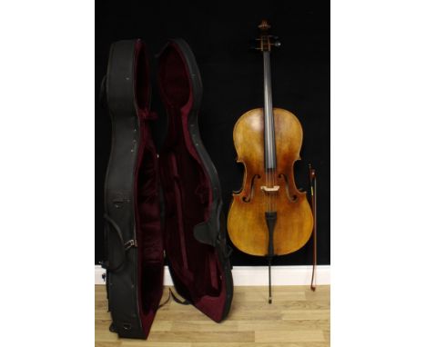 A cello, the two-piece back 76cm long excluding button, ebony tuning pegs, outlined throughout with purfling, 129cm high, cas