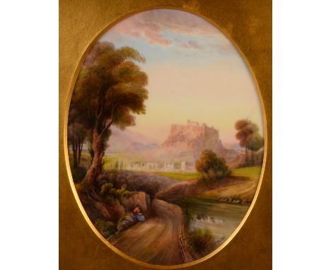 A pair of Royal Worcester oval plaques, painted by F R Rushton, The Acropolis, Athens and Constantinople, 31.5cm x 23.5cm, cr