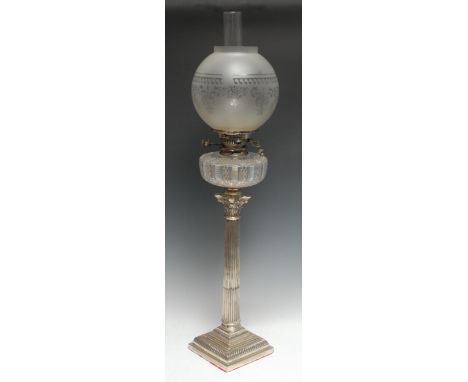 A Victorian silver  Corinthian column oil lamp, frosted globular shade, stop fluted column, stepped base, 75cm high, Mappin a