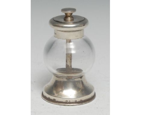 A George V silver and glass pepper grinder, 9.5cm high,  William Hutton &amp; Sons Ltd, London 1913 