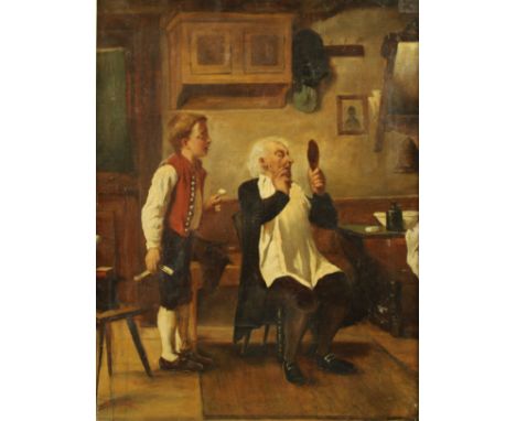 R. Müller (German Artist, 19th century)A Close Shave with the Youth of Todaysigned, oil on canvas, 63cm x 47.5cm 