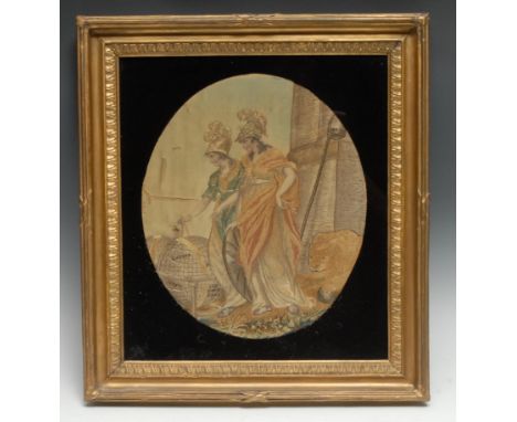 A George III silk and needlework picture, of Britannia and ally dividing the globe, her lance with the Cap of Liberty, the li