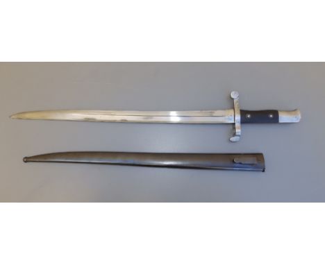 A Kropatschek 1886 pattern bayonet in scabbard by Steyr - to fit the Guedes Castro rifle, back of blade engraved, 24" overall