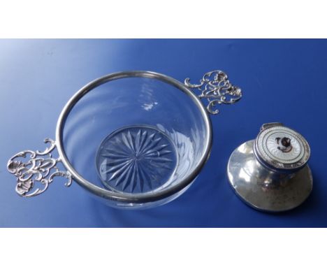 A two-handled porringer style glass bowl with silver mounts by William Comyns, London 1920,  6.25" across, and a damaged 1913