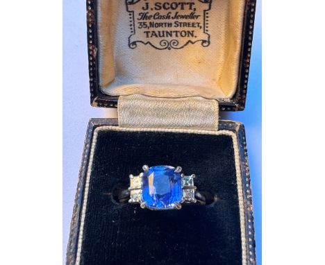 A certified natural 3.54 carat Sri-Lankan sapphire &amp; diamond ring, the four-claw set rectangular cushion cut sapphire fla