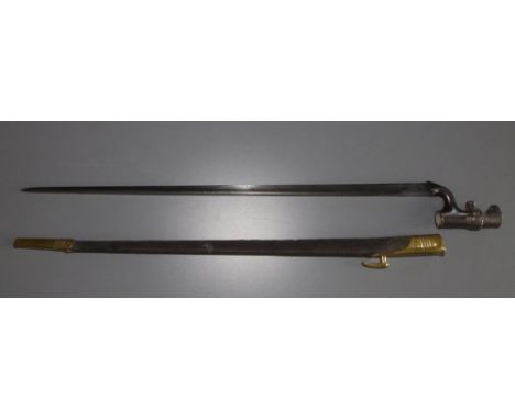 A British 1876 pattern Martini Henry 'lunger' socket bayonet in black leather scabbard, 25.5" overall.
