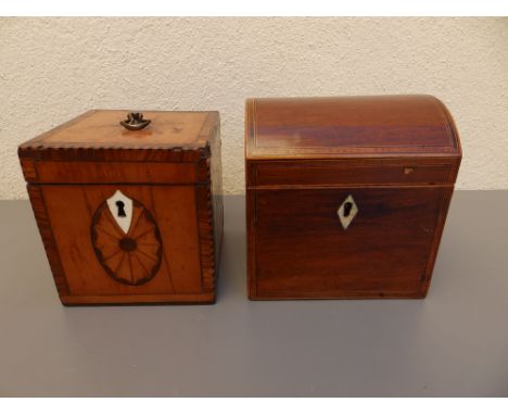 A small Georgian inlaid satinwood square tea caddy, 4.4" high - a/f and one other. (2)