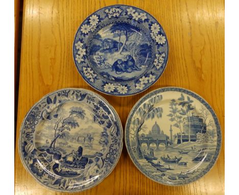 A 19thC Adams blue &amp; white earthenware plate decorated in a lion pattern, 10" diameter, a Spode blue &amp; white plate an